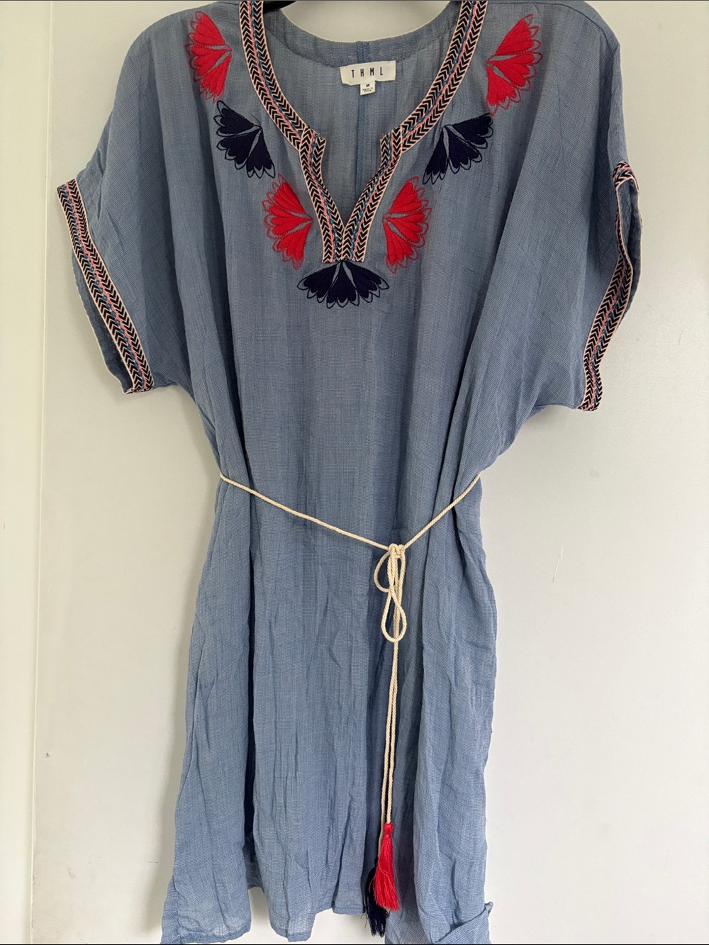THML Blue Tunic Dress with Red and Navy Embroidery